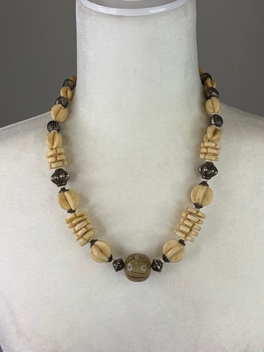 Vintage Beaded Necklace Carved Beads and Sterling Silver Tribal Statement